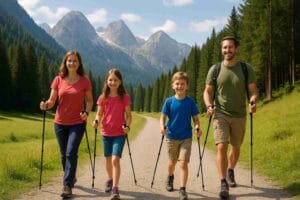 Nordic walking a természetben, botokkal sétáló sportolók
